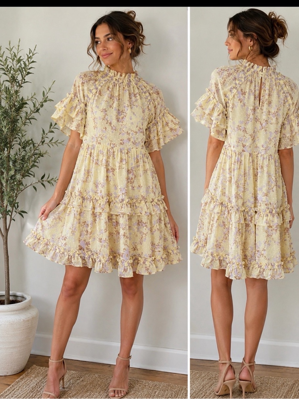 Talulah Floral Midi Dress M Yellow Lavender Ruffle Swiss Dot Boho Cottagecore